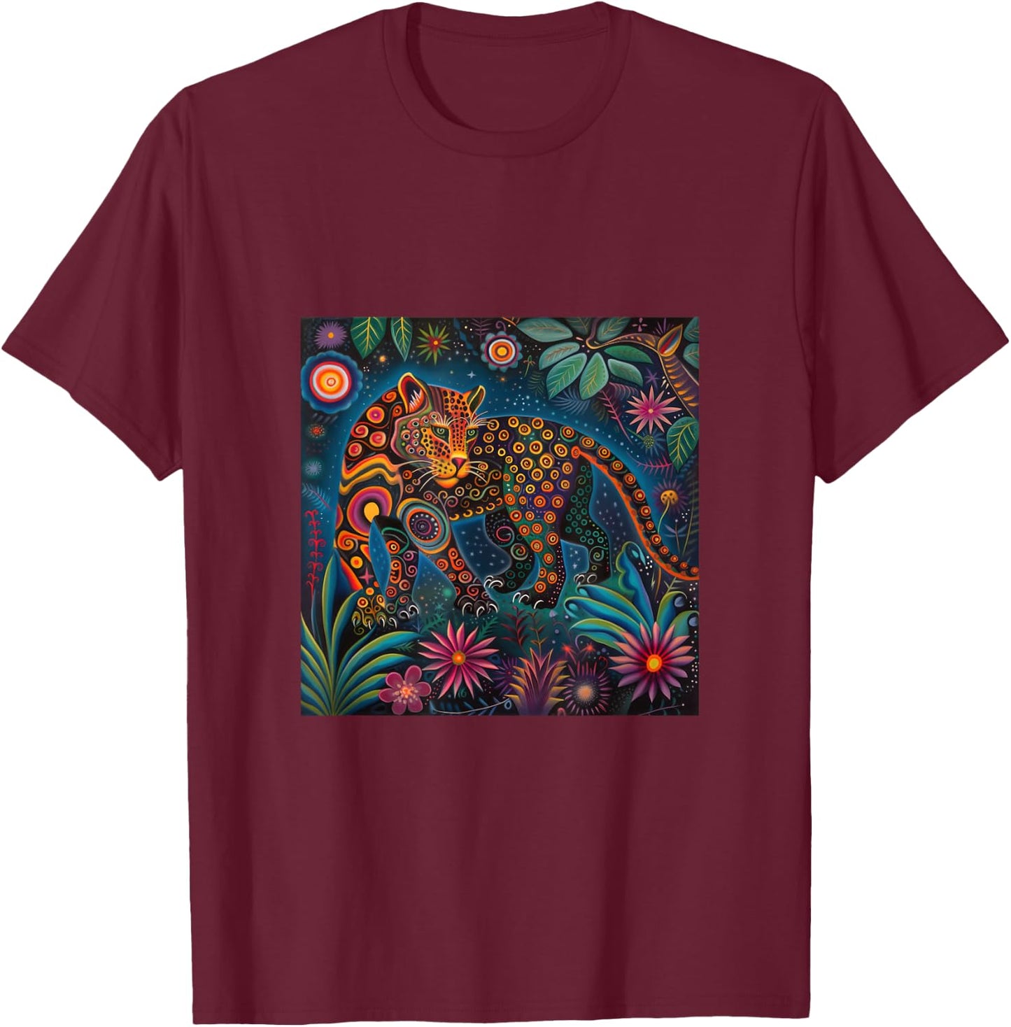 Jaguar Head Huichol Art Mexico Aztec Mayas T-Shirt - T-Shirt | Maroon