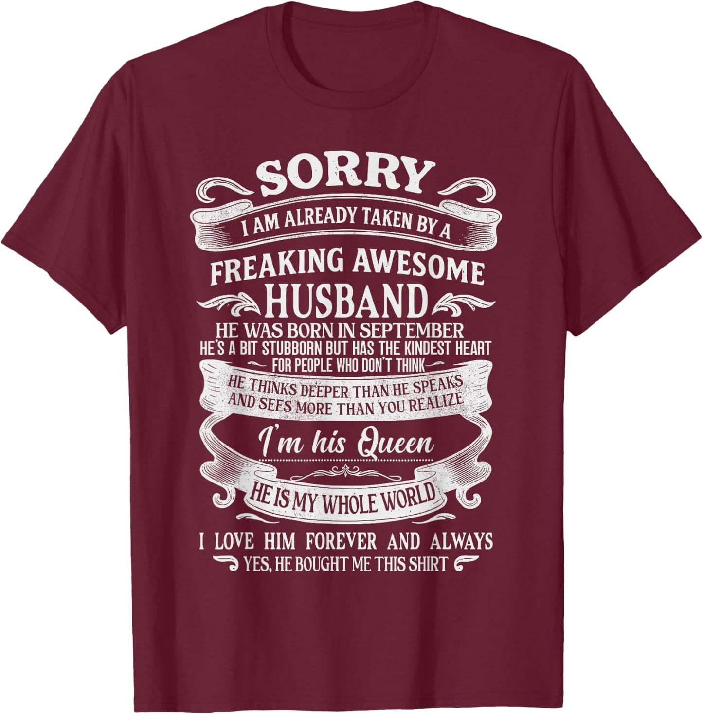 I'm Taken by a Freaking Awesome Husband Born in September T-Shirt - T-Shirt | Maroon