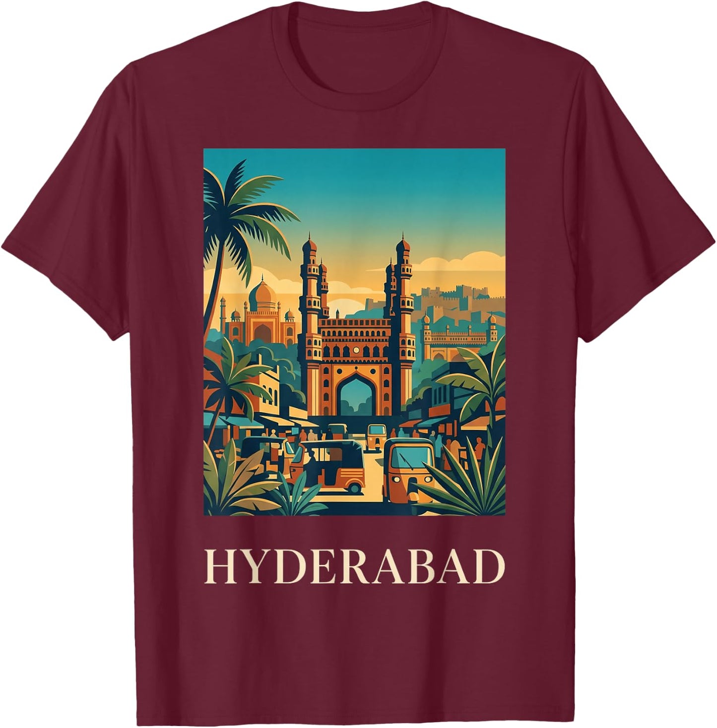 Hyderabad India Charminar Skyline Travel Poster Art T-Shirt - T-Shirt | Maroon