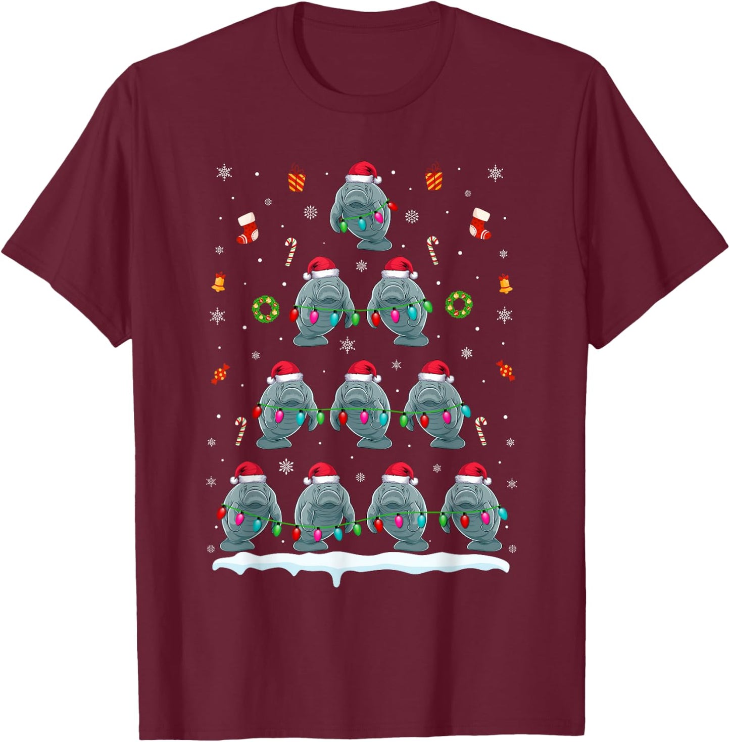 Manatee Christmas Tree Lights Women Manatee Xmas T-Shirt - T-Shirt | Maroon