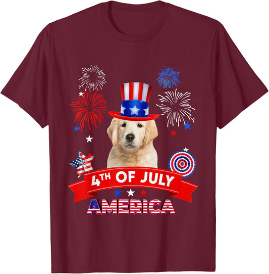 4th of July Decor Patriotic LOVE Golden Retriever Dog USA T-Shirt - T-Shirt | Maroon