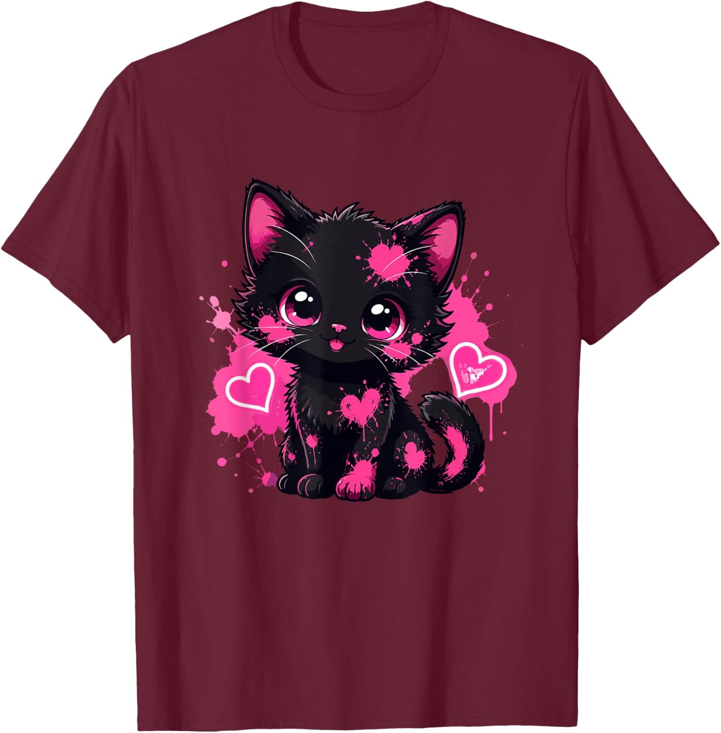 Kawaii Black Kitten Pink Paint Heart Lover T-Shirt - T-Shirt | Maroon