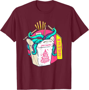 Octopus Take-Out Surprise - Whimsical Chinese Box Design T-Shirt - T-Shirt | Maroon