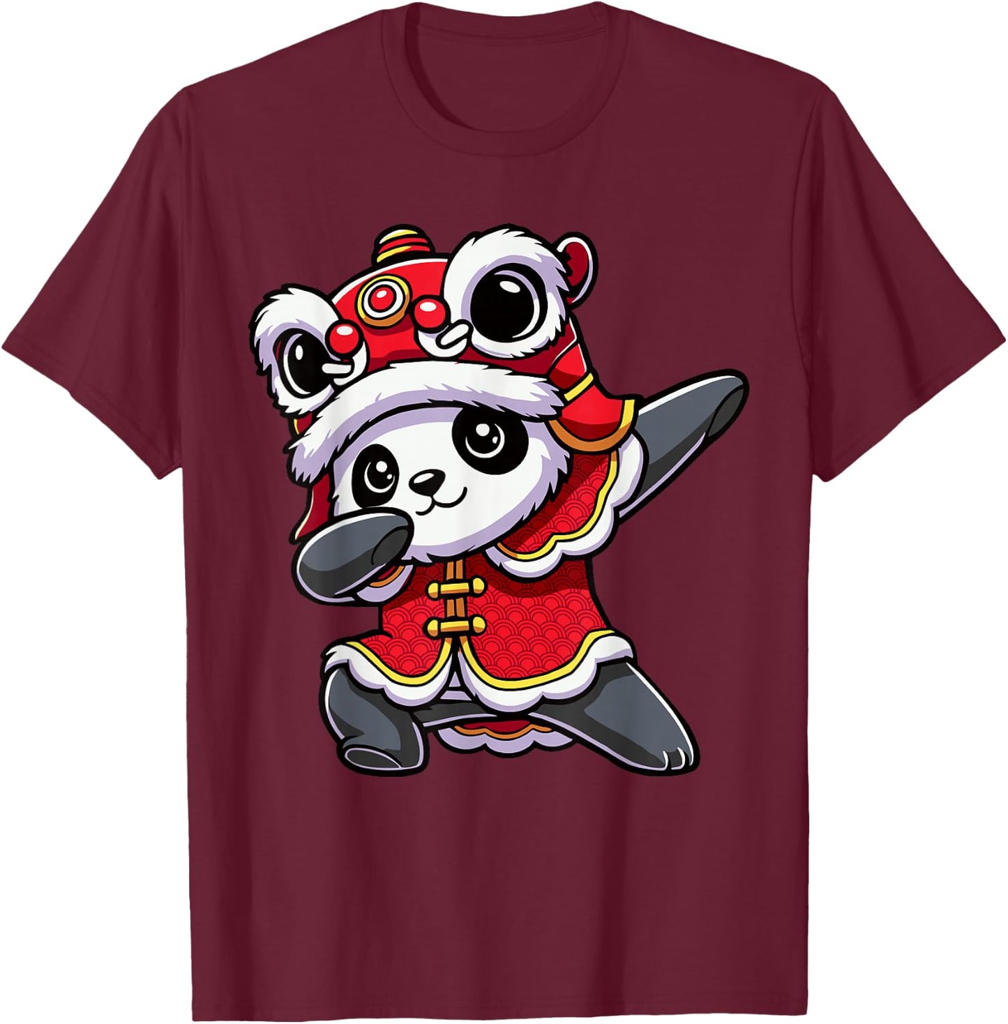 Chinese Lunar New Year 2026 Dabbing Panda Lion Dance T-Shirt - T-Shirt | Maroon