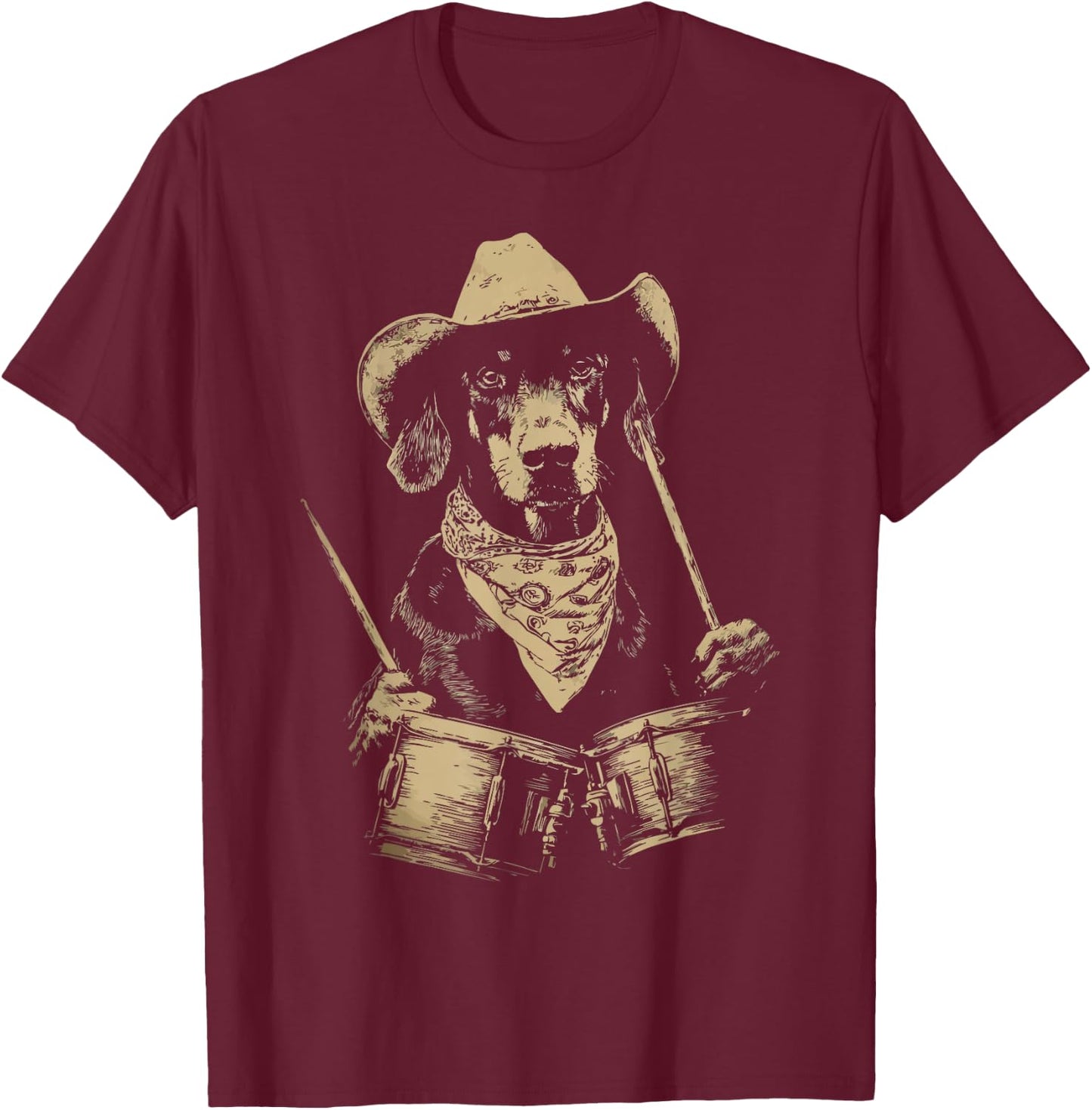 Cute Doberman Playing Drums Funny Cowboy Dog Western Drummer T-Shirt - T-Shirt | Maroon