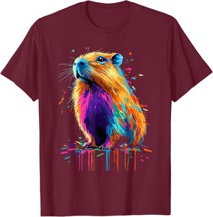 Capybara Lovers Colorful Splash Art Rodent Capybara , Black, S T-Shirt - T-Shirt | Maroon