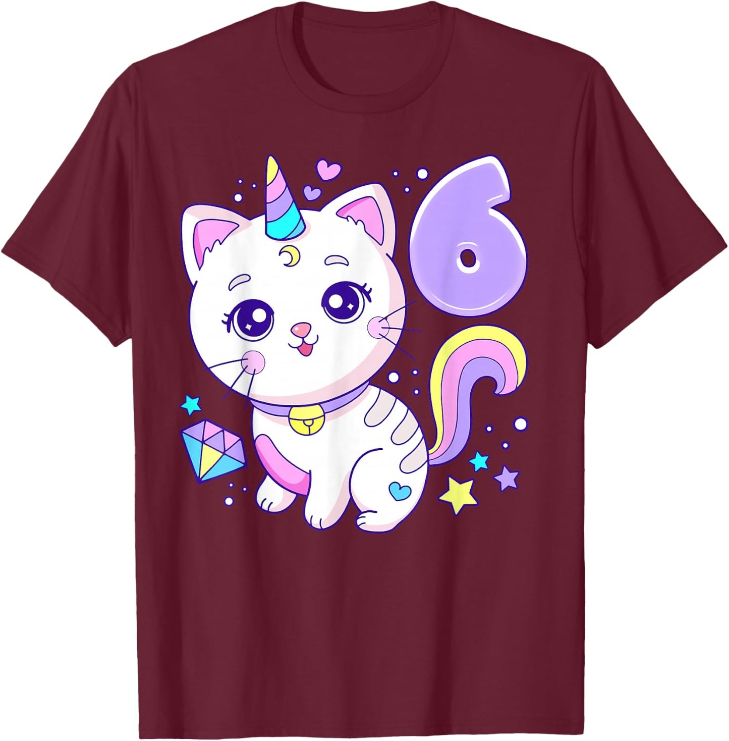 Geburtstag Mädchen 6 Jahre, Katze, Einhorn, 6. Geburtstag T-Shirt - T-Shirt | Maroon