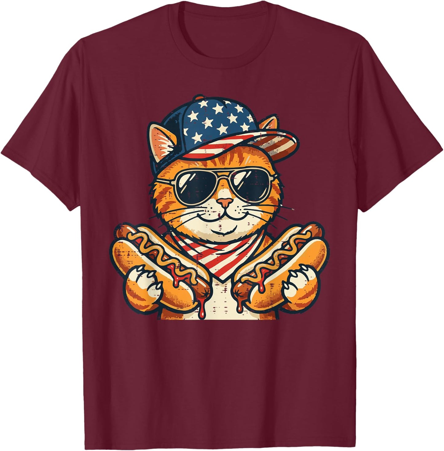 4th of July Cat Hotdog US Flag Cap Patriotic Men Women Kids T-Shirt - T-Shirt | Maroon