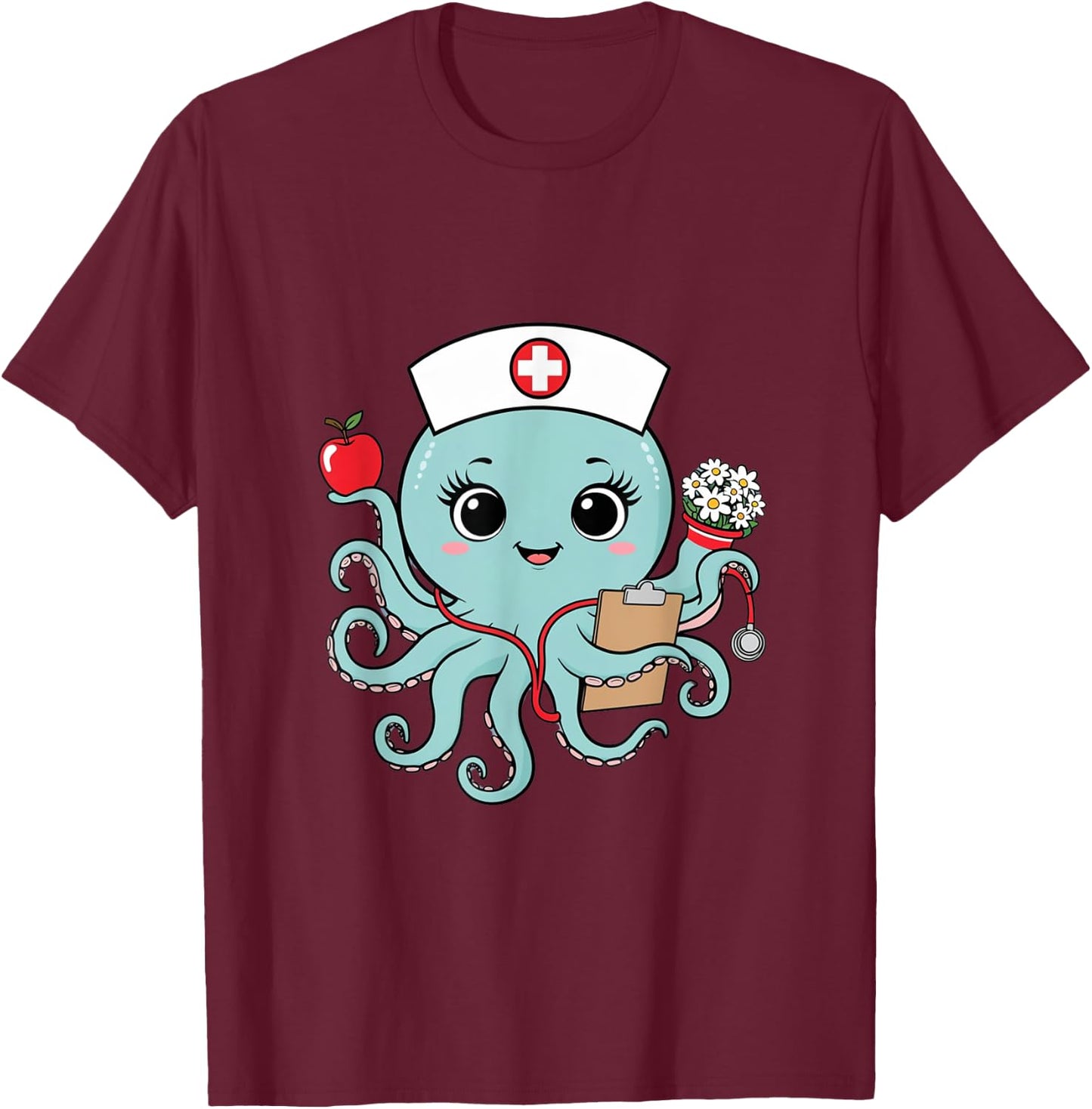 Octopus Nurse Cute Animal Nursing Cartoon Ocean T-Shirt - T-Shirt | Maroon