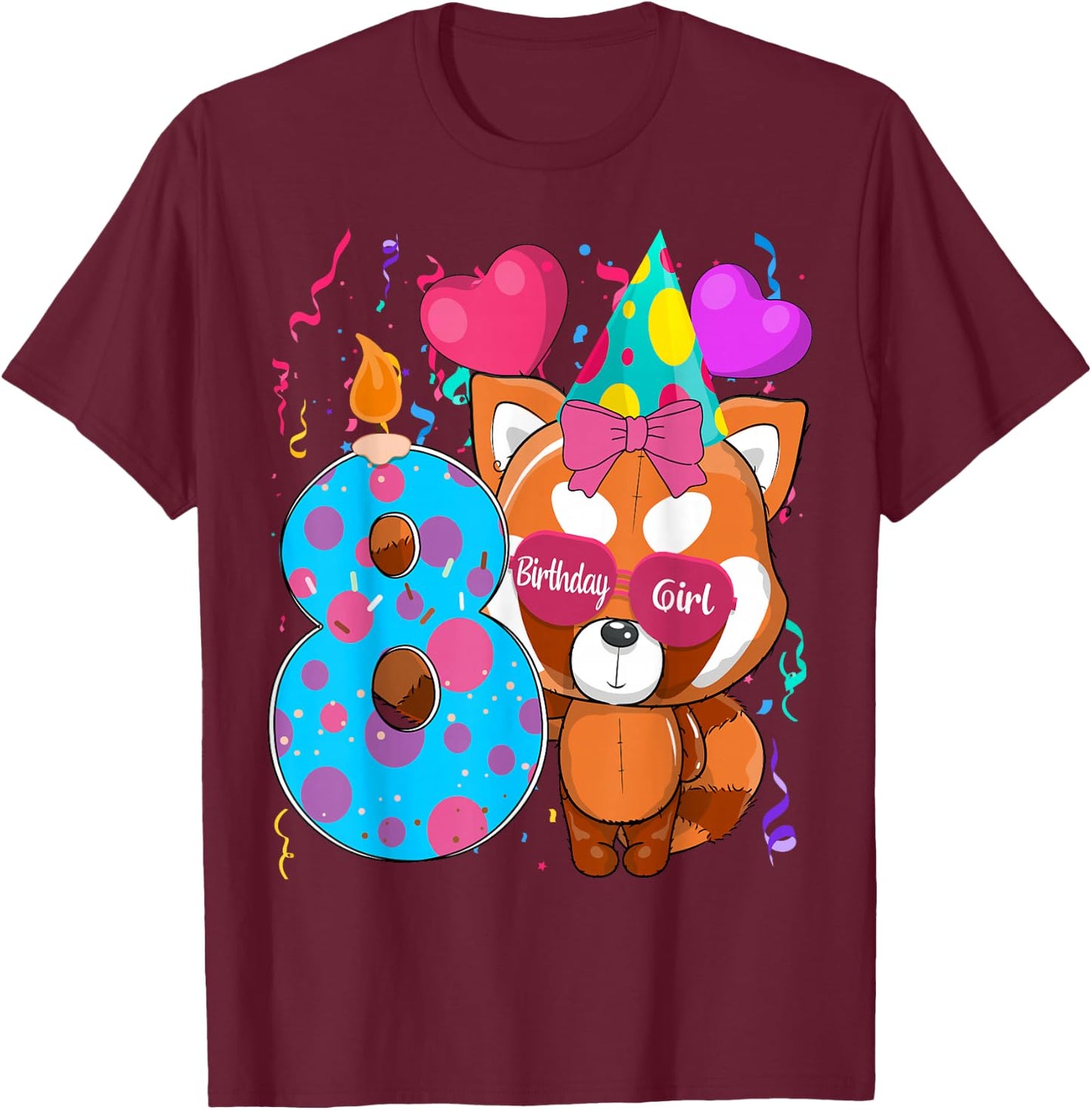 Red Panda 8th Birthday I'm 8 Years Old Girls Birthday Party T-Shirt - T-Shirt | Maroon