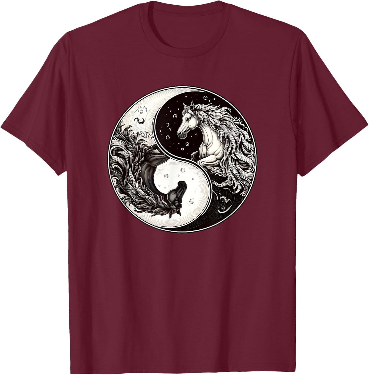 Yin Yang Asian Culture Horses Moon T-Shirt - T-Shirt | Maroon