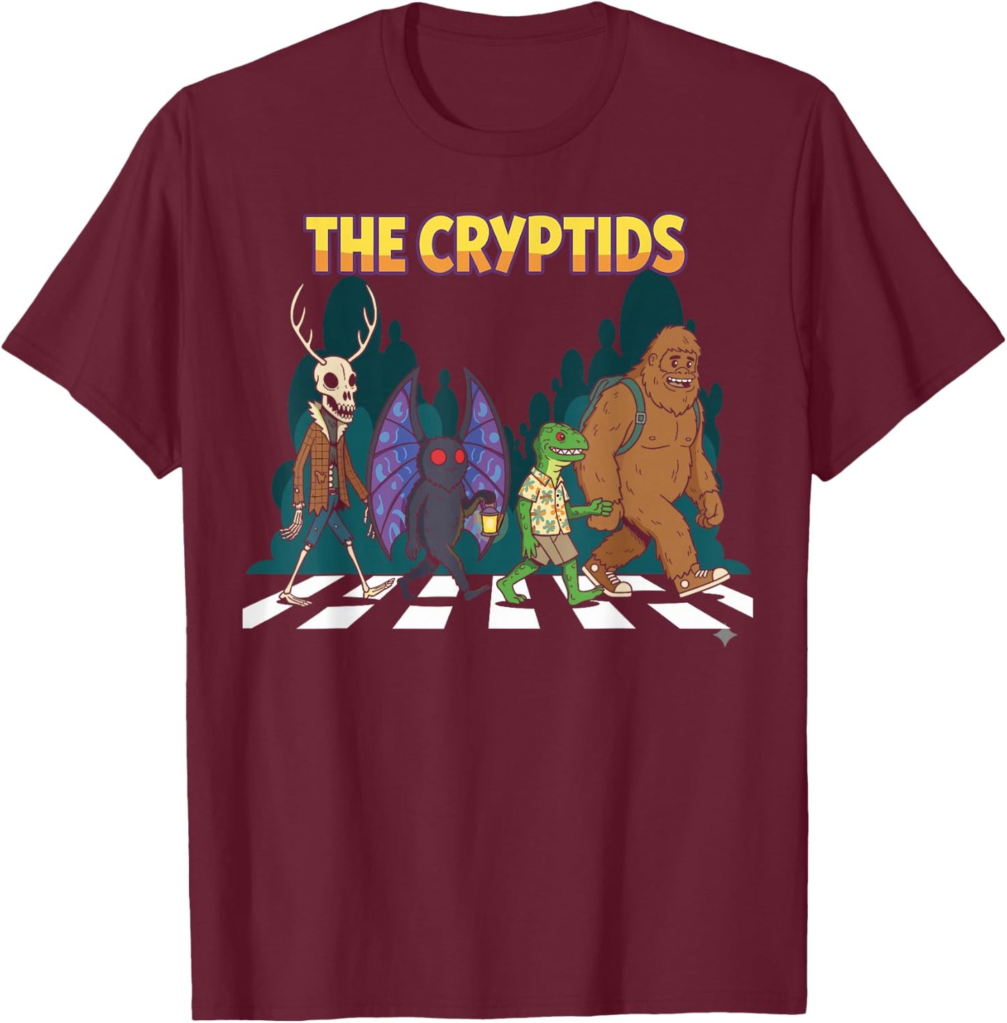 Cryptids Funny Mythical Bigfoot Mothman Halloween Graphic T-Shirt - T-Shirt | Maroon