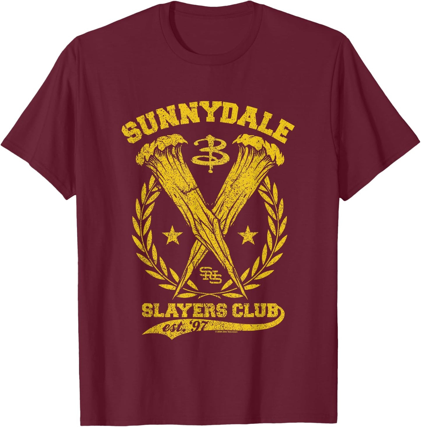 Buffy The Vampire Slayer Sunnydale Slayers Club Collegiate , Black, S T-Shirt - T-Shirt | Maroon