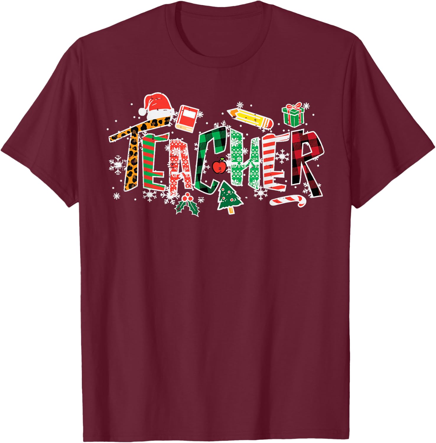 Leopard Buffalo Plaid Teacher Christmas School Xmas Women T-Shirt - T-Shirt | Maroon