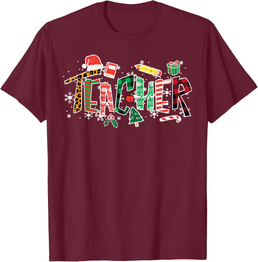 Leopard Buffalo Plaid Teacher Christmas School Xmas Women T-Shirt - T-Shirt | Maroon