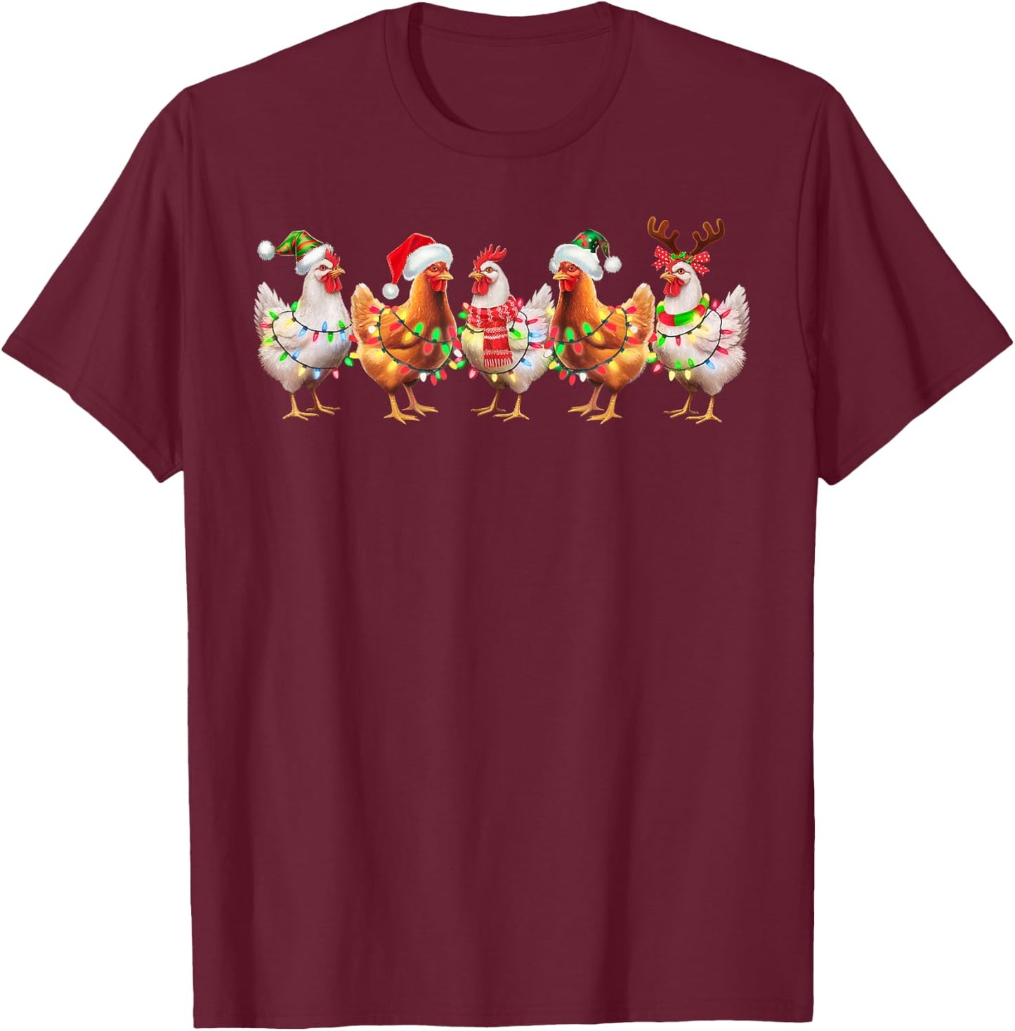 Funny Chicken Christmas Lights Farm Animal Cute Xmas Holiday T-Shirt - T-Shirt | Maroon