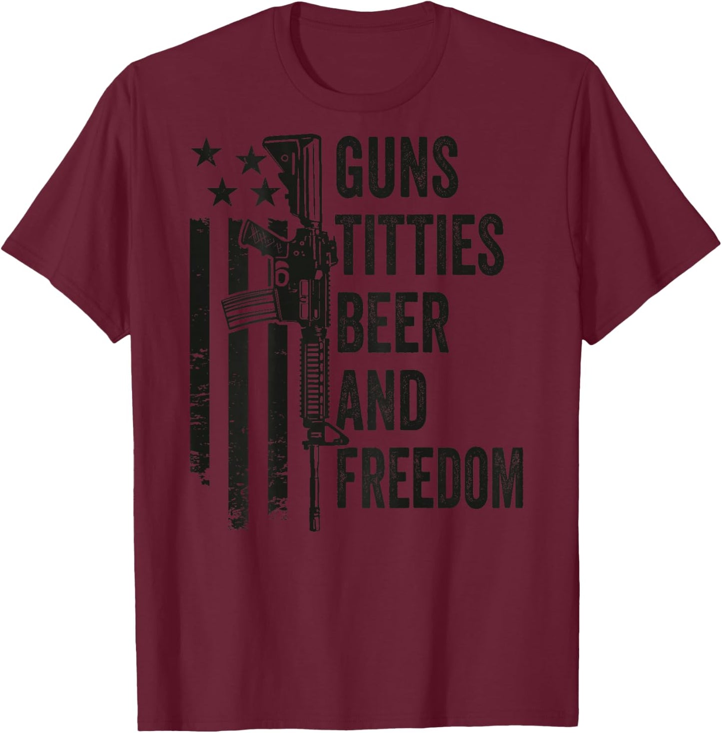 Guns Titties Beer & Freedom - Camo Guns Drinking (ON Back) T-Shirt - T-Shirt | Maroon