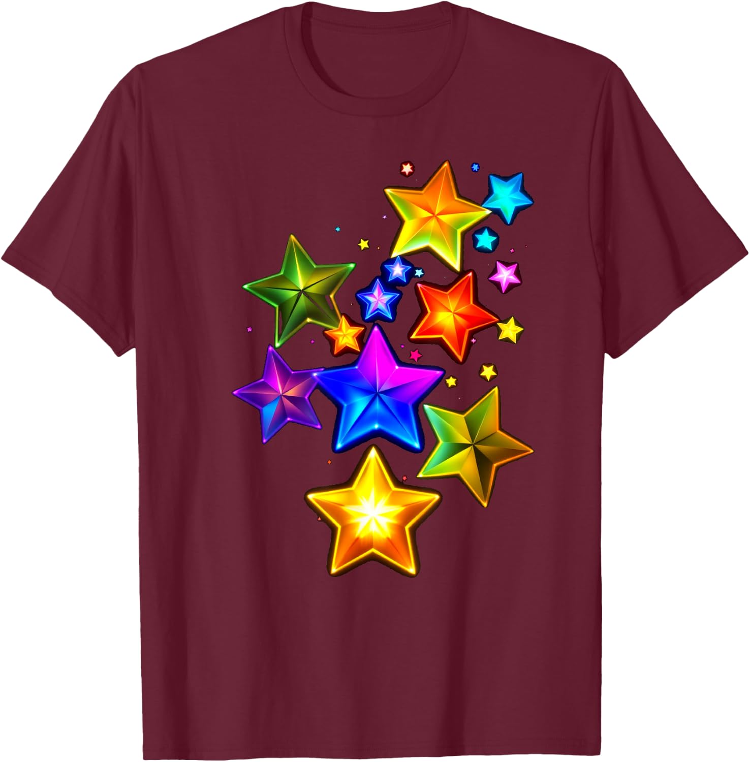 Lebendige Bunte Sterne T-Shirt - T-Shirt | Maroon