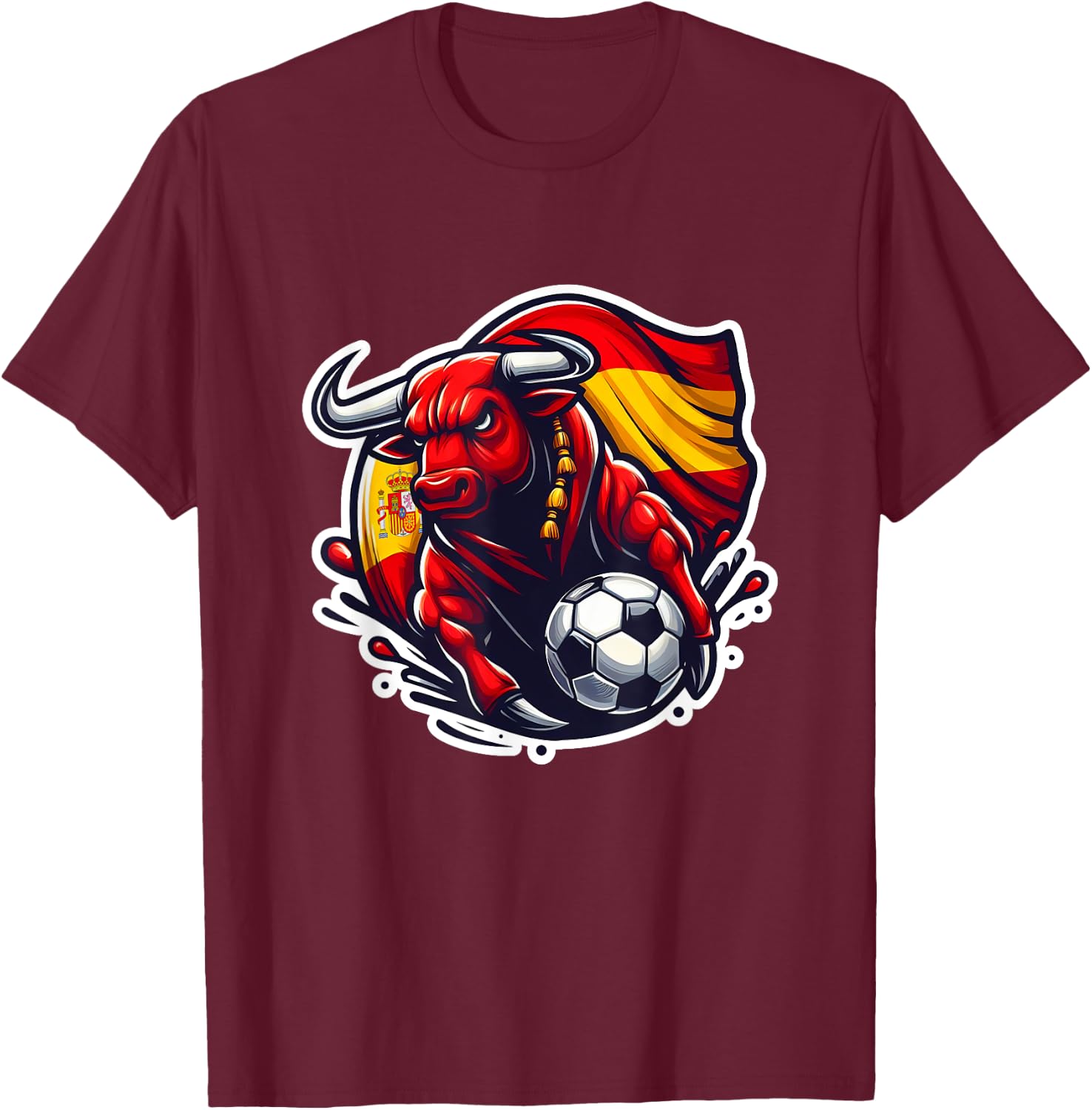Spanish Flag Fan Spain Art Cartoon Bull , Black, S T-Shirt - T-Shirt | Maroon