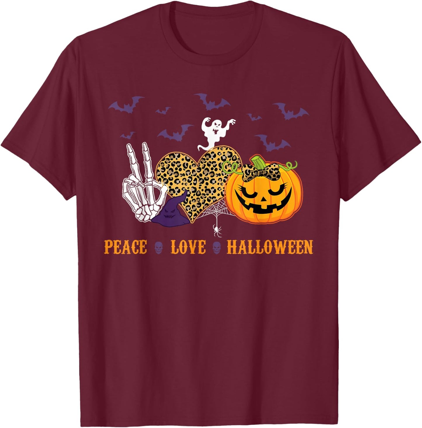 Peace Love Halloween Skeleton Pumpkin Hippie Costume T-Shirt - T-Shirt | Maroon