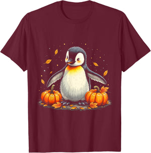 Cute Penguin Fall Vibes Autumn Pumpkins Thanksgiving T-Shirt - T-Shirt | Maroon