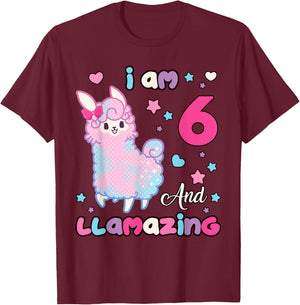 I Am Six 6 Years Old 6th Birthday Girl Llamazing Llama T-Shirt - T-Shirt | Maroon