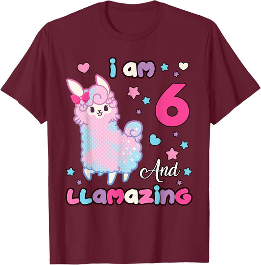 I Am Six 6 Years Old 6th Birthday Girl Llamazing Llama T-Shirt - T-Shirt | Maroon