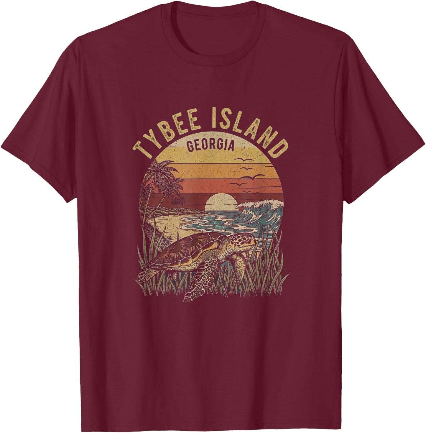 Retro Tybee Island Georgia Drawing Art Design T-Shirt - T-Shirt | Maroon