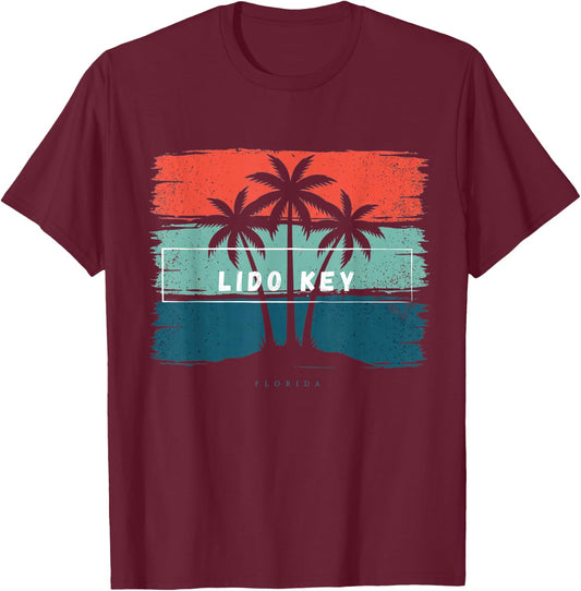 Vintage Lido Key Florida Summer Beach Palm Tree Sunset Trip T-Shirt - T-Shirt | Maroon