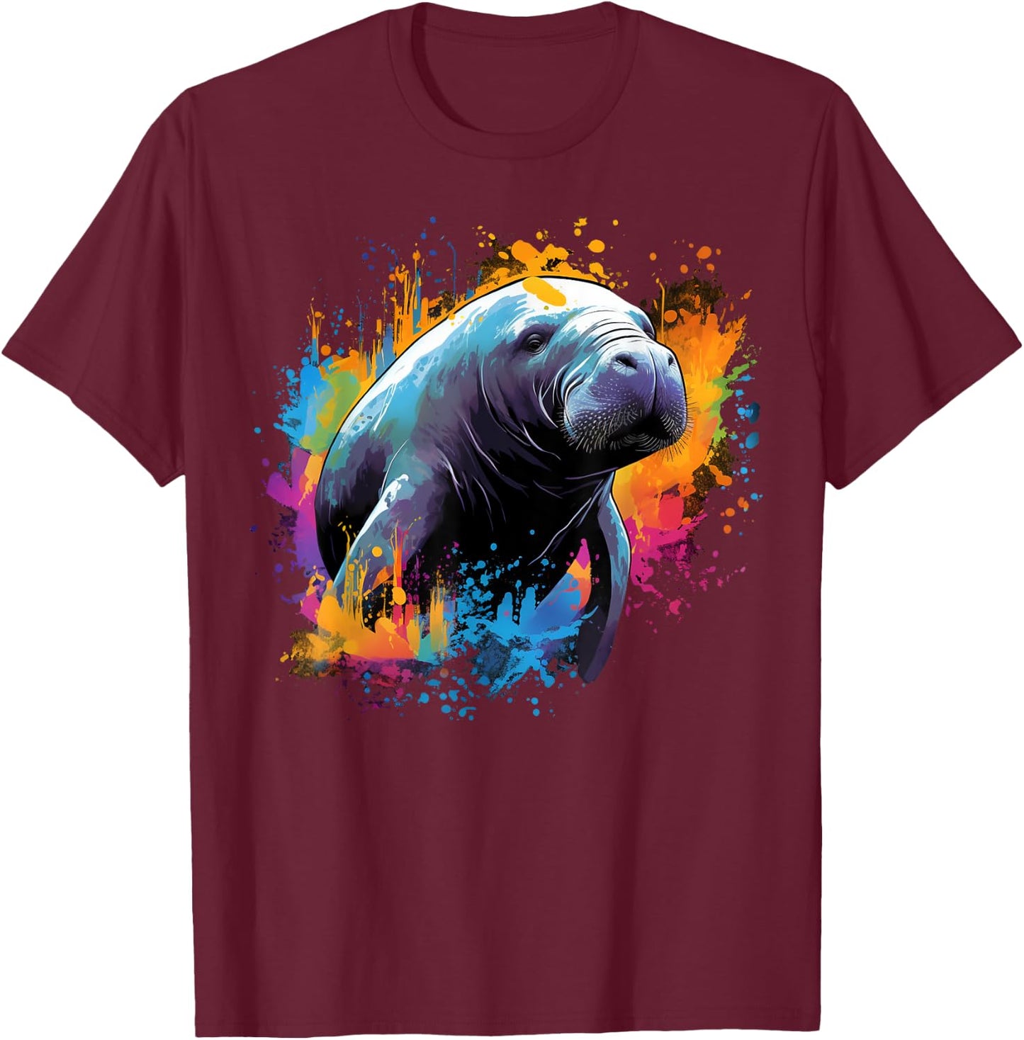 Cool Manatee on colorful painted Manatee T-Shirt - T-Shirt | Maroon