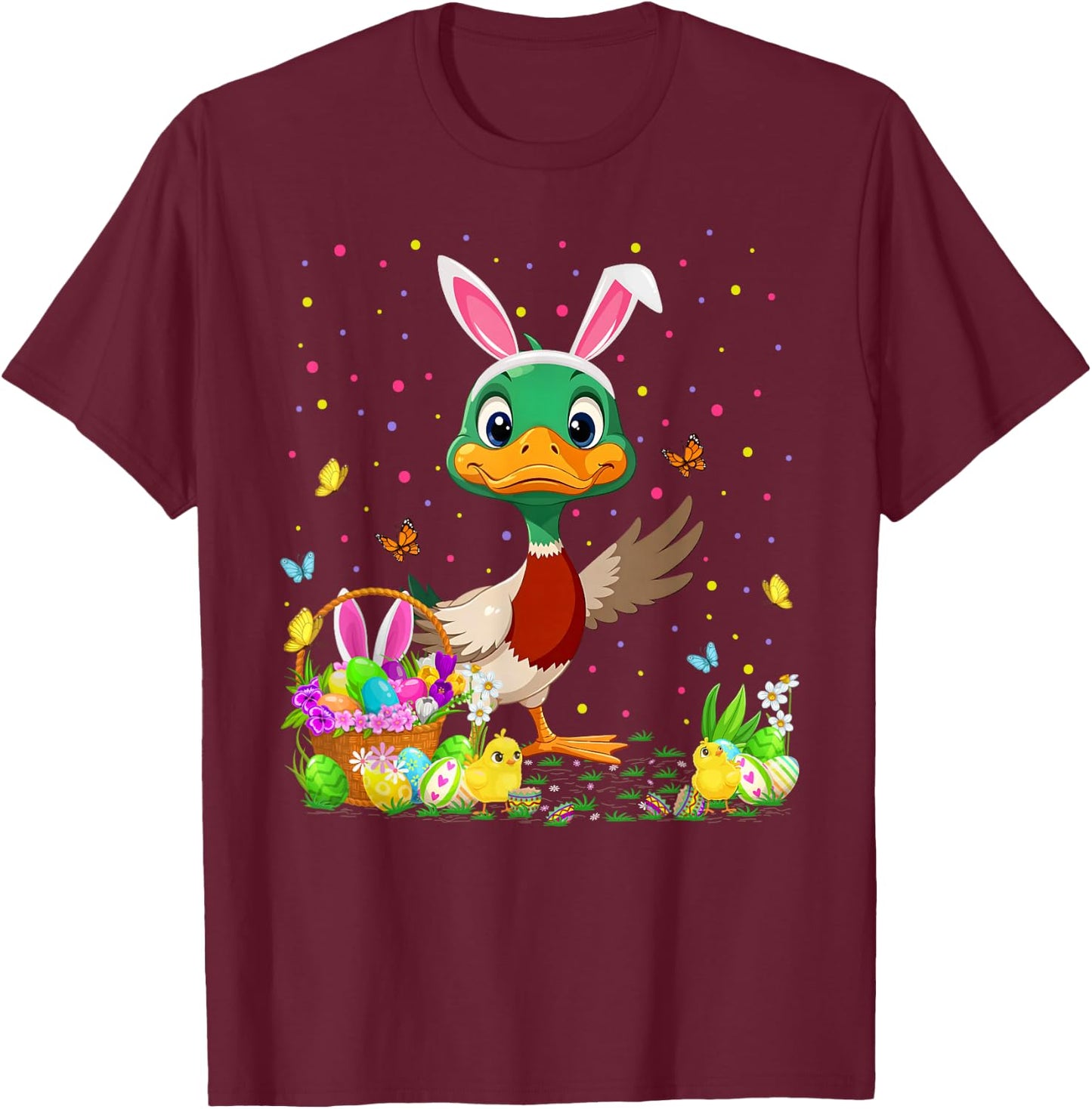 Duck Easter Egg Hunt Bunny Ear Duck Happy Easter T-Shirt - T-Shirt | Maroon