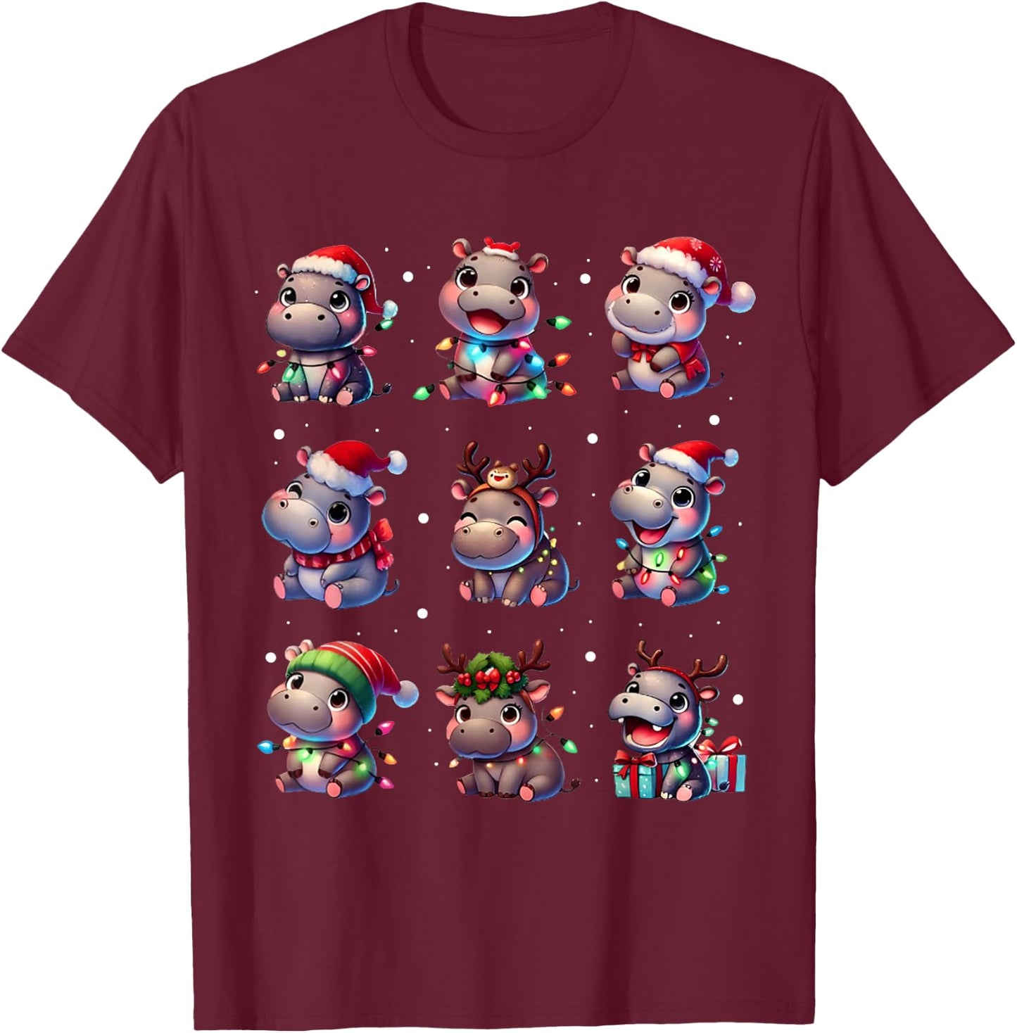 Cute Hippo in Christmas Lights Funny Xmas Gifts Kid Women PJ T-Shirt - T-Shirt | Maroon