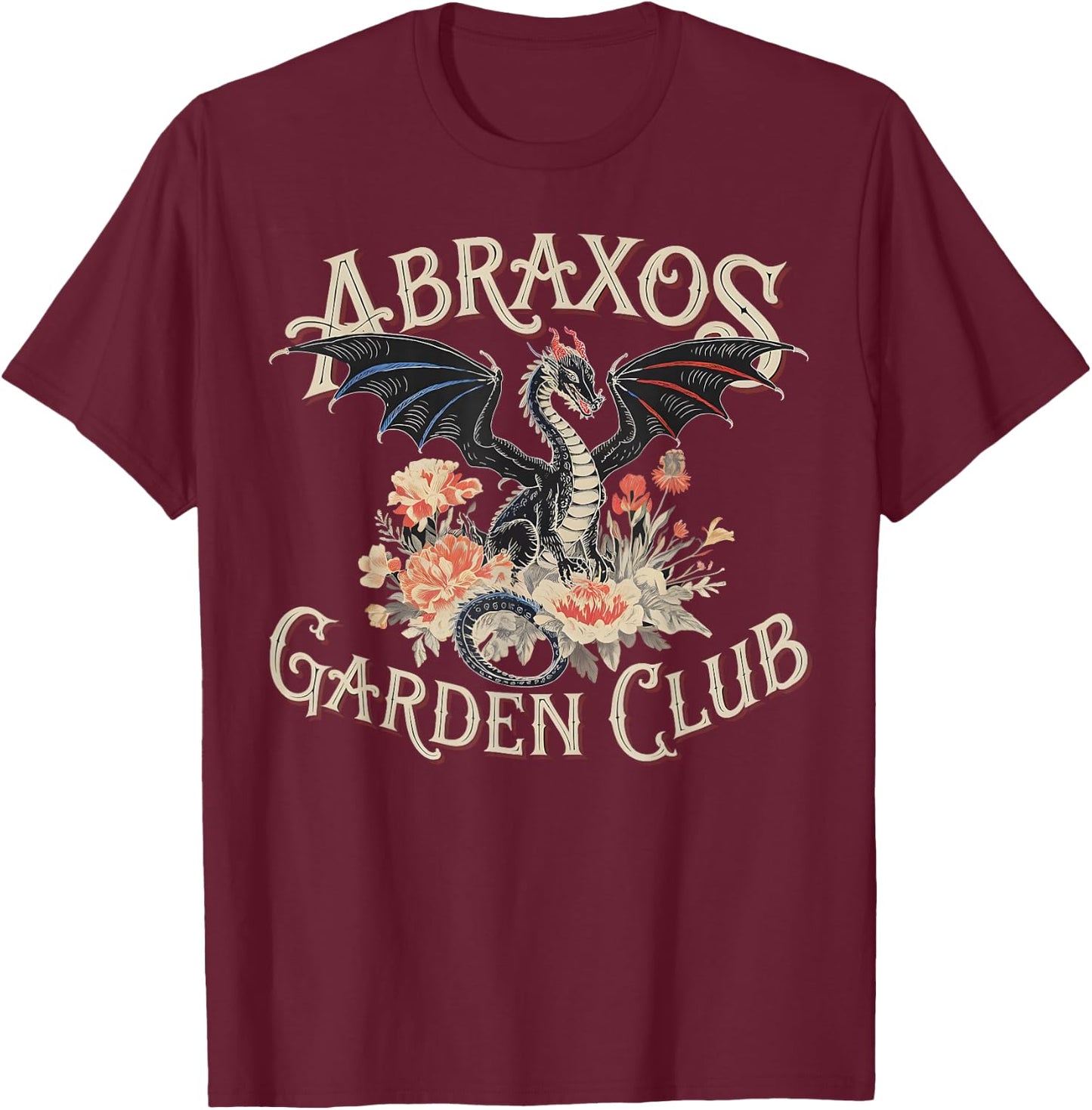 Abraxos Garden Club Dragon Vintage Fantasy Floral Pattern T-Shirt - T-Shirt | Maroon