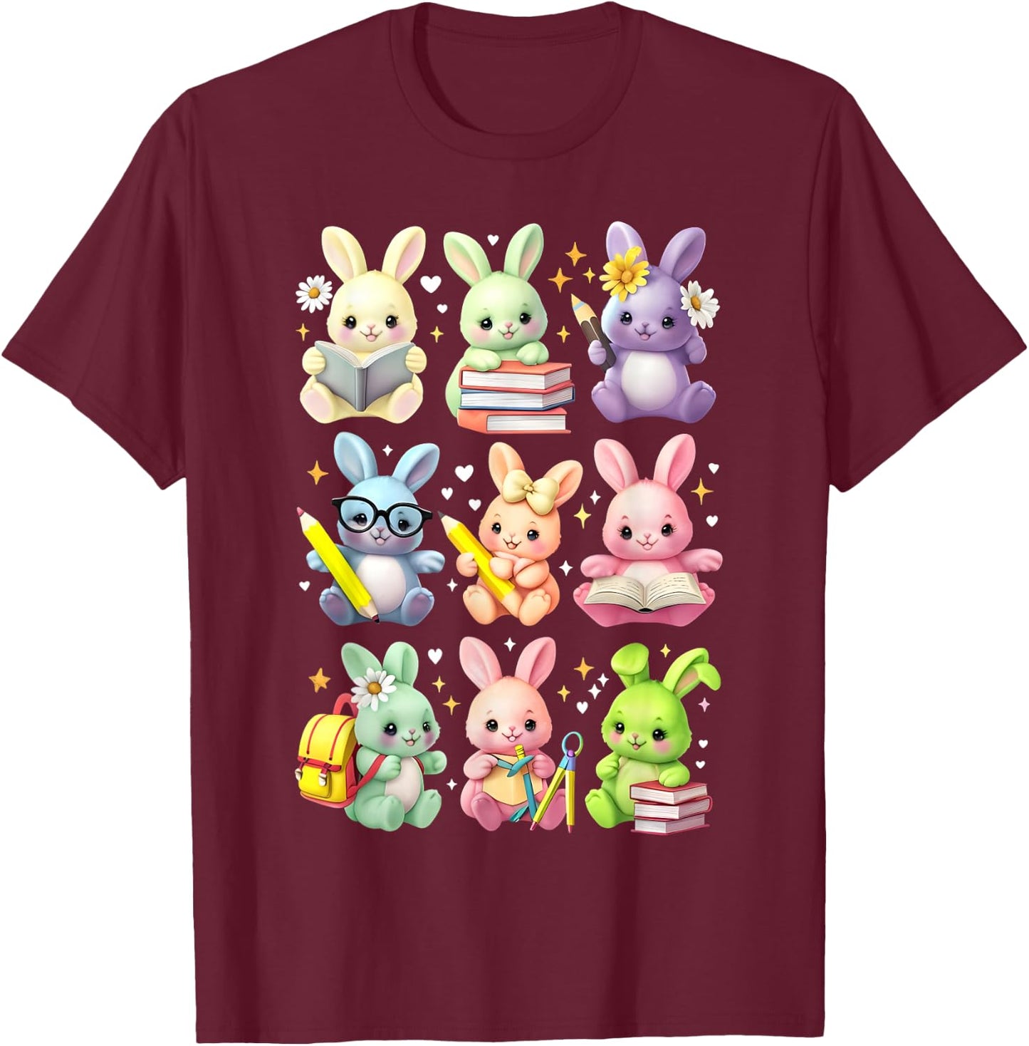 Cute Teacher Bunny Rabbit Reading Easter Bunnies Book Lovers T-Shirt - T-Shirt | Maroon