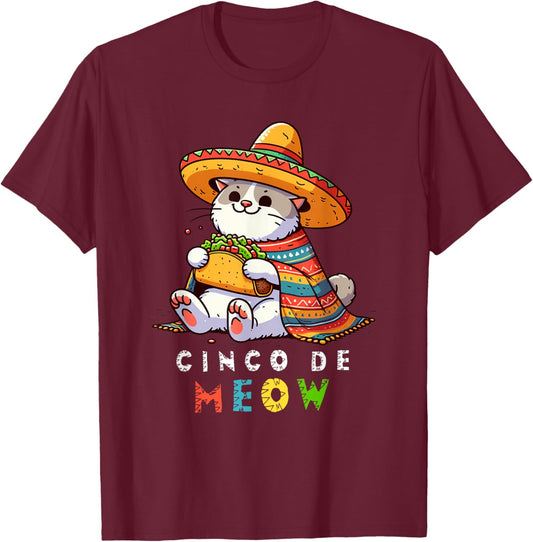 Cinco De Meow with Smiling Cat Taco and Sombrero Men Women Kids T-Shirt - T-Shirt | Maroon