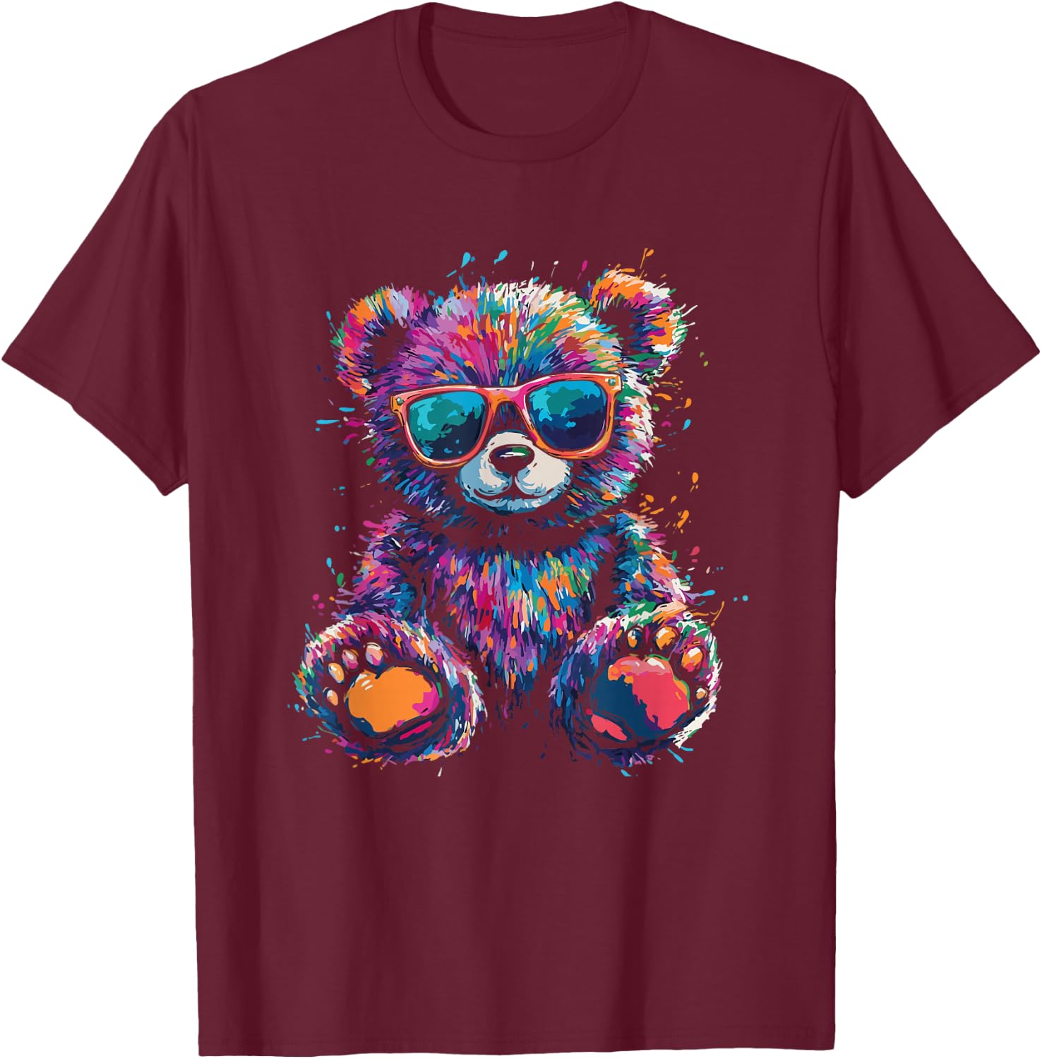 Cool Colourful Bear with Sunglasses T-Shirt - T-Shirt | Maroon