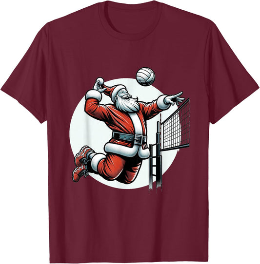 Volleybal Santa Claus Playing Volleybal Spiking Over The Net T-Shirt - T-Shirt | Maroon