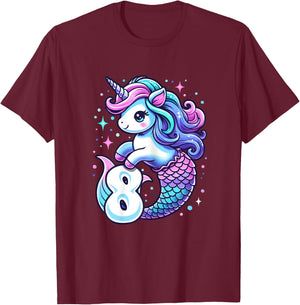 Unicorn Mermaid 8th Birthday 8 Year Old Party Girls Outfit T-Shirt - T-Shirt | Maroon