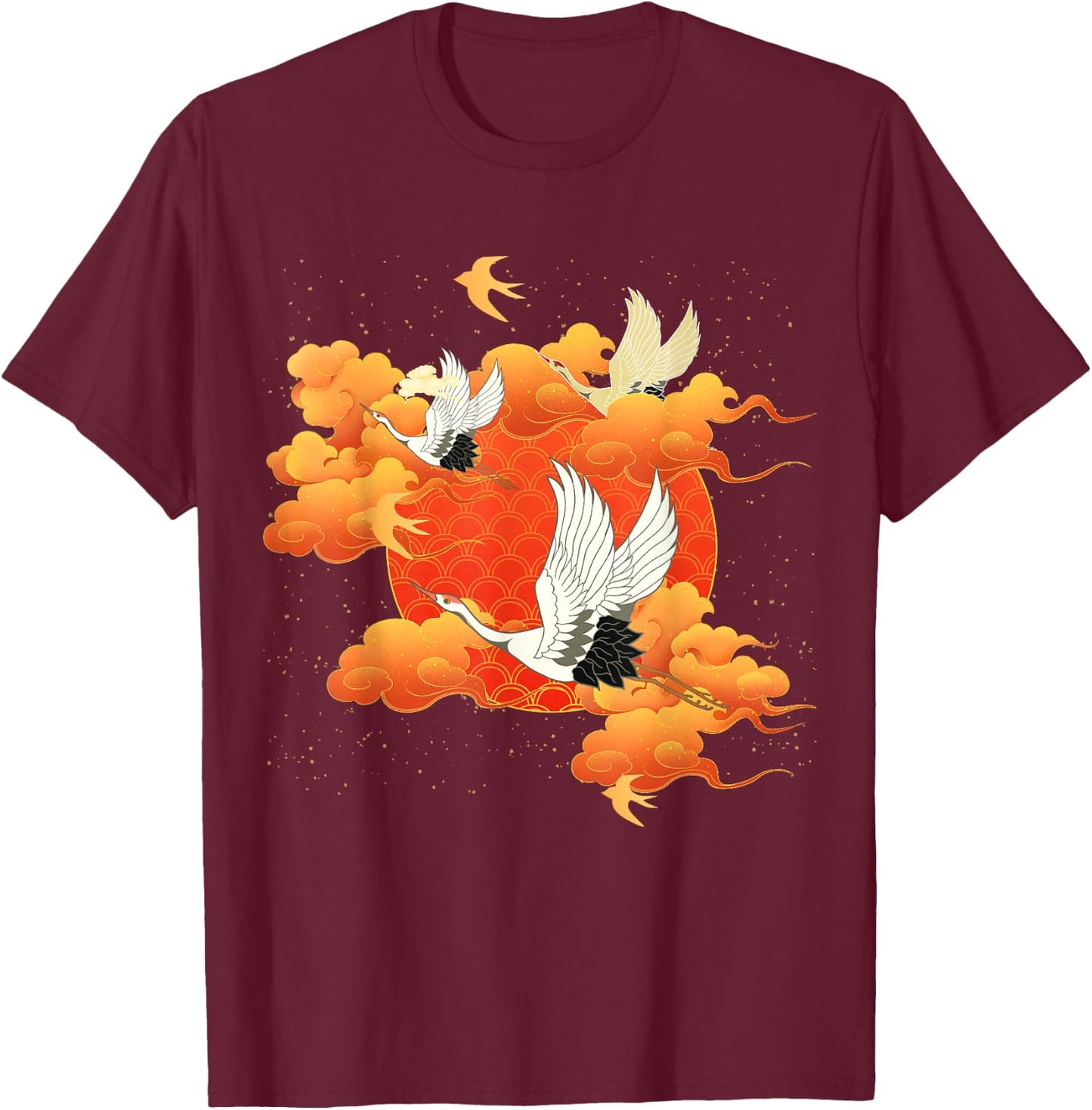 Flying Crane Bird Red Clouds and Sun Japanese Chinese Art T-Shirt - T-Shirt | Maroon