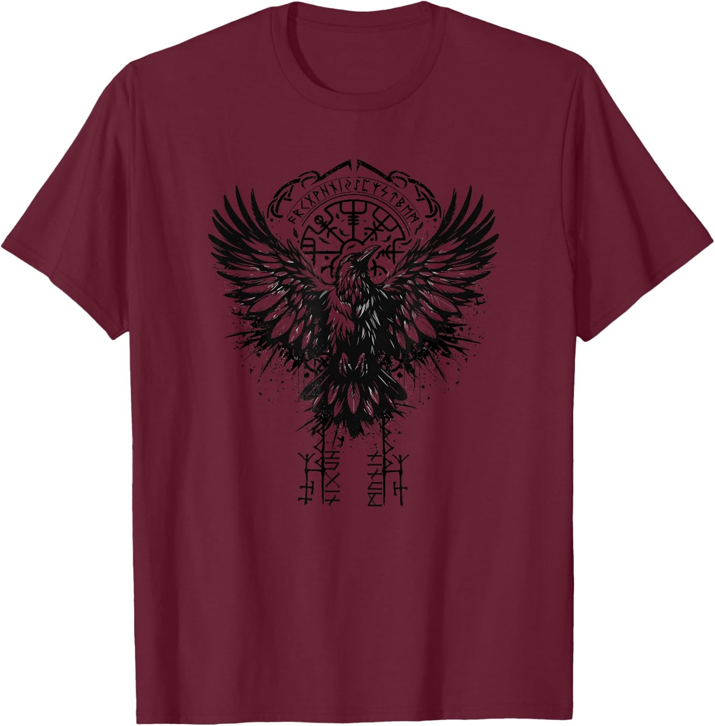 Valhalla Raven Raven Odin Runes Nordic Compass Viking , grey, S T-Shirt - T-Shirt | Maroon
