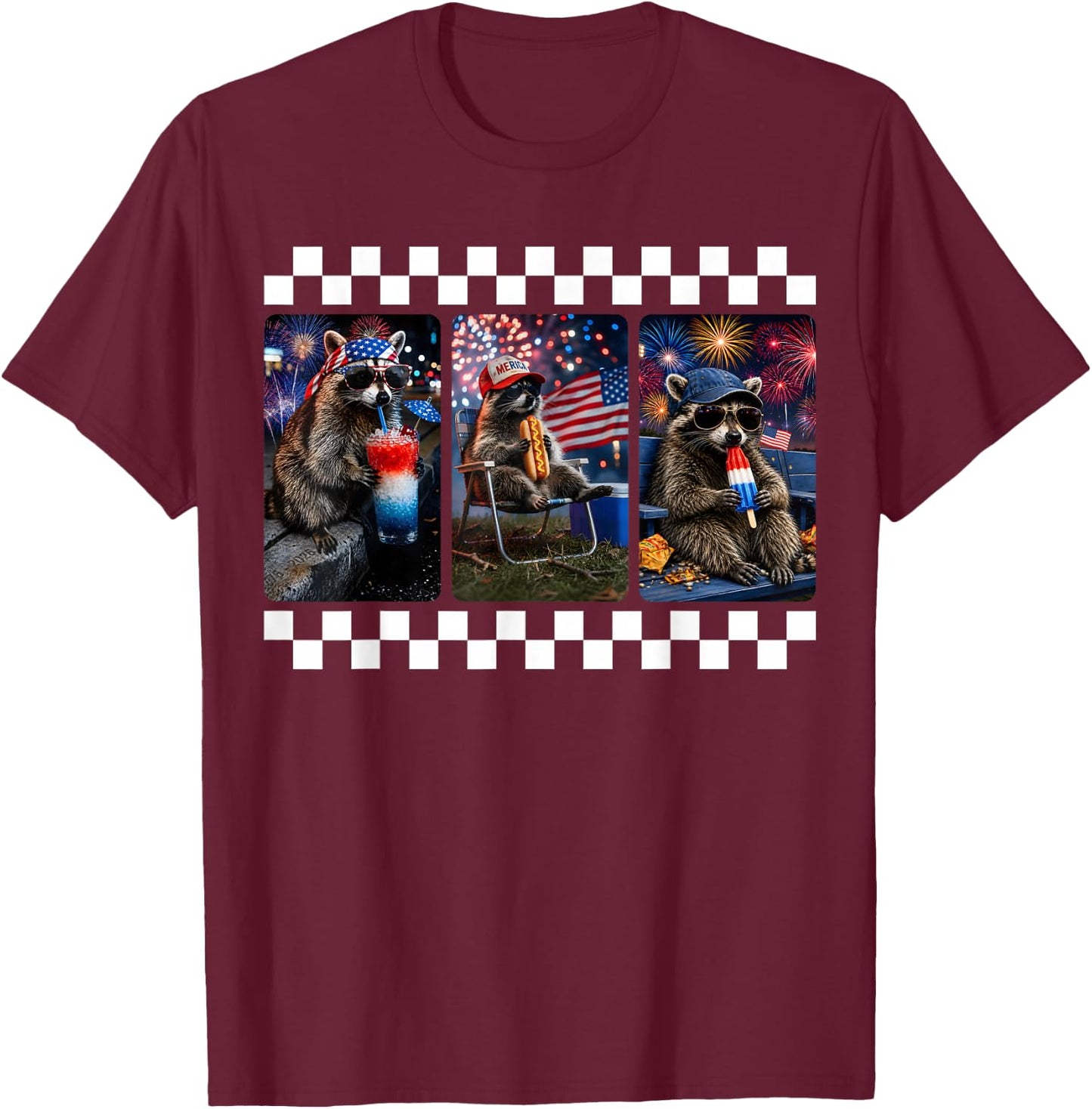 Funny Raccoon 4th of July Fireworks Patriotic USA Men Women T-Shirt - T-Shirt | Maroon