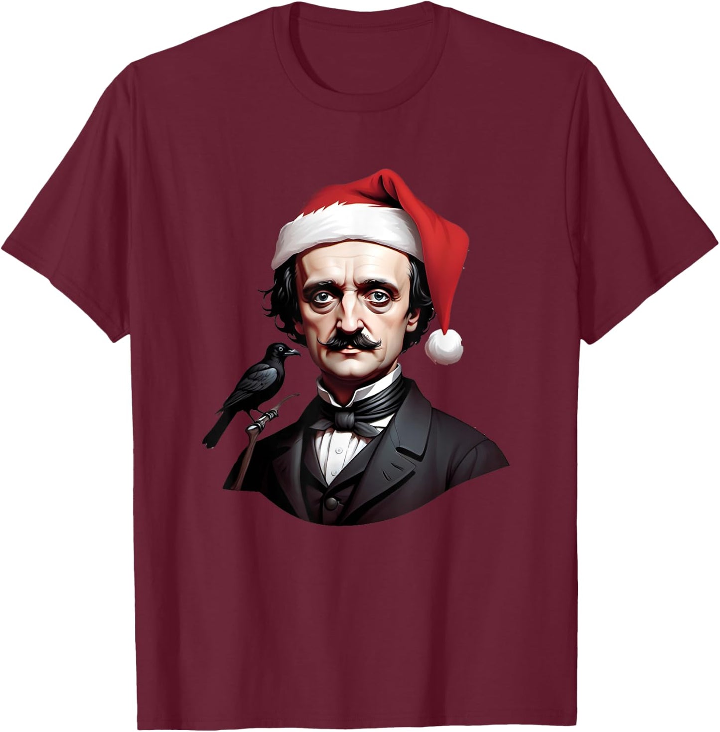 Edgar Allen Poe With a Santa Claus Hat on Christmas T-Shirt - T-Shirt | Maroon