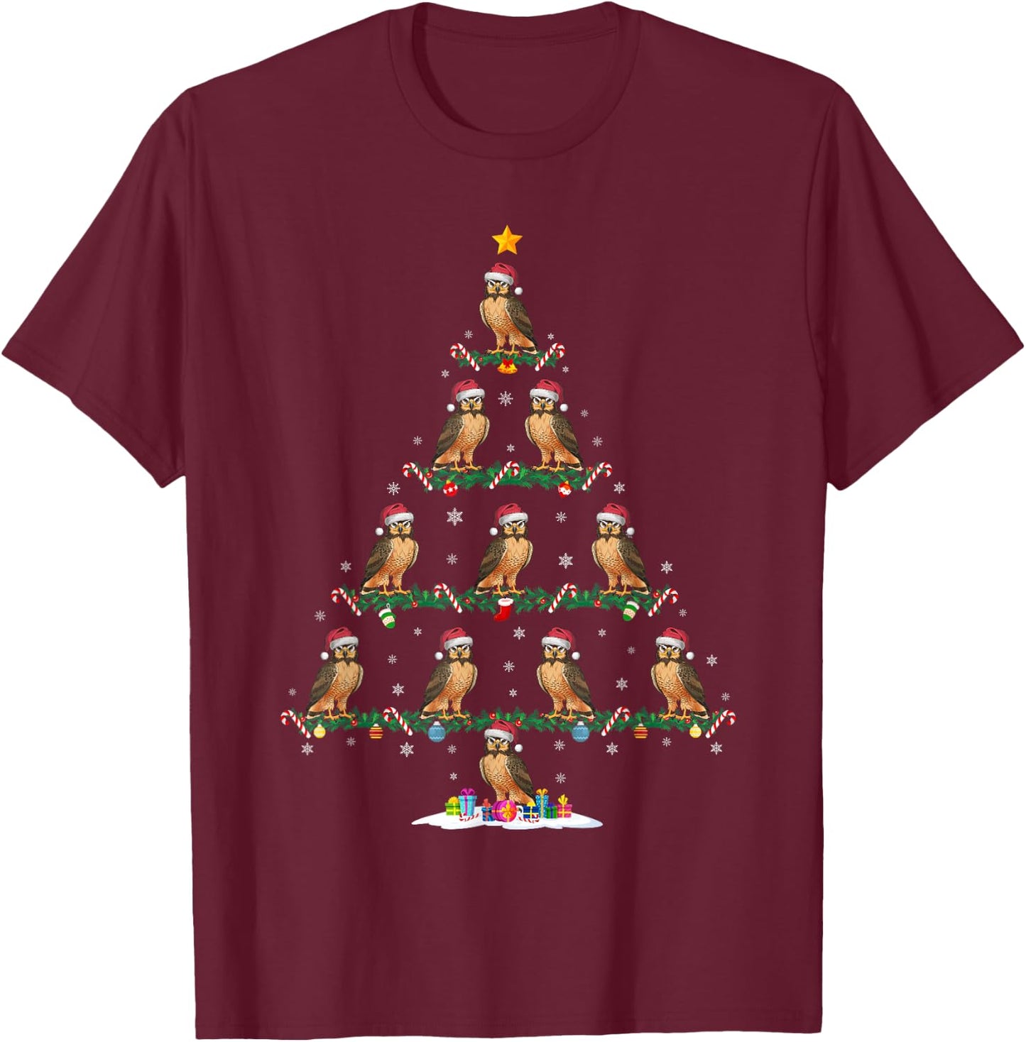Hawk Christmas Tree Pajama Men Women Kids Ugly Xmas T-Shirt - T-Shirt | Maroon