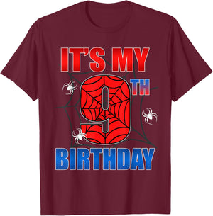 Spider Web 9 Years Old It's My 9th Birthday Boy Party T-Shirt - T-Shirt | Maroon