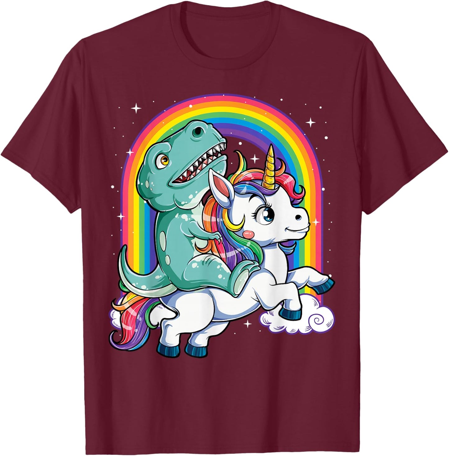 Dinosaur Riding Unicorn Funny T-rex Boys Men Rainbow Galaxy T-Shirt - T-Shirt | Maroon
