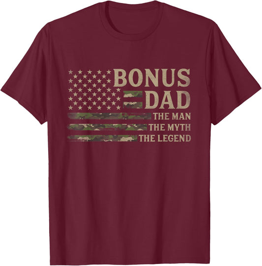 Bonus Dad Man Myth Legend Camo USA Flag Fathers Day Step Dad T-Shirt - T-Shirt | Maroon