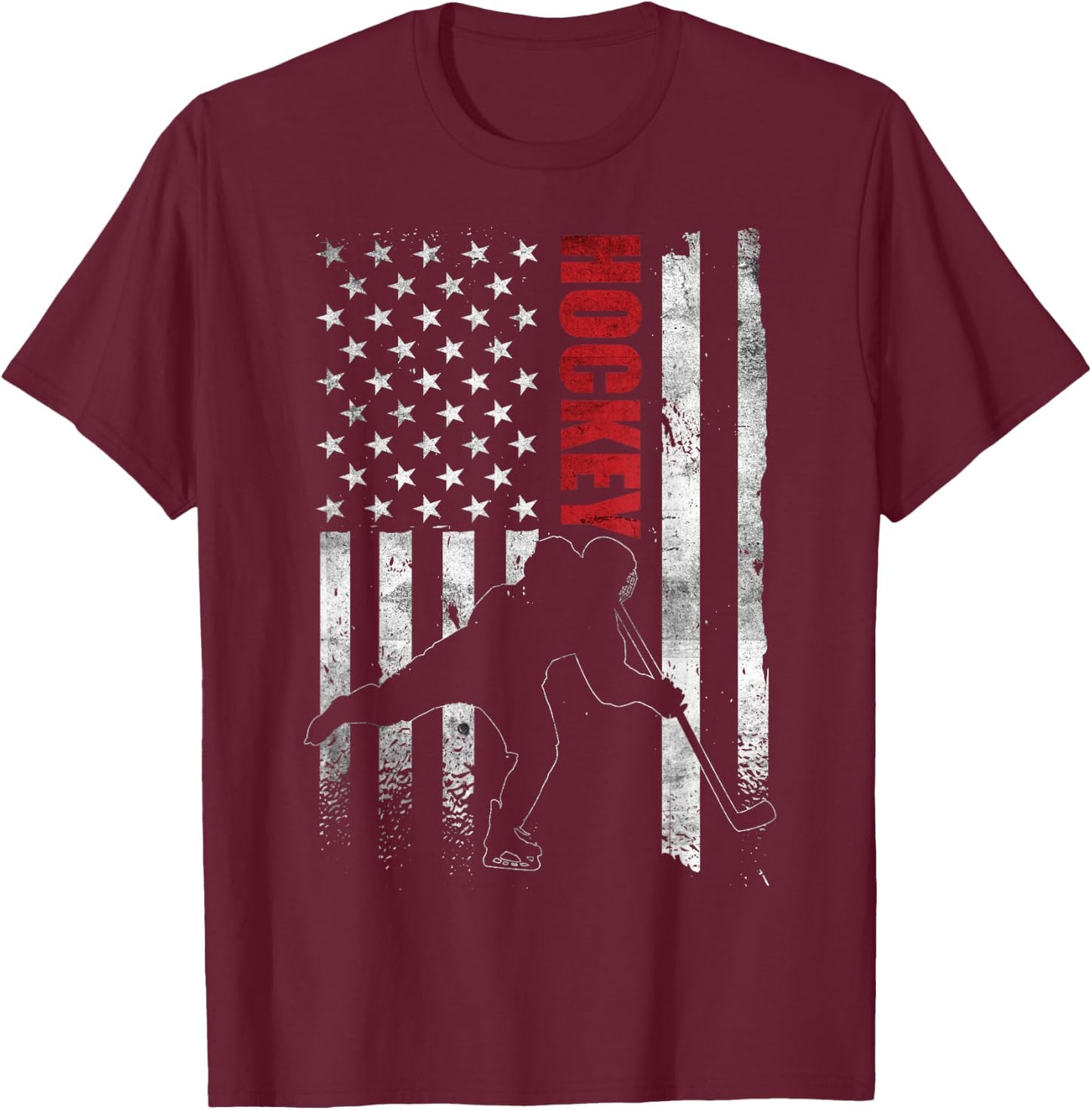 Vintage Ice Hockey American Flag Ice Hockey Player 4th July T-Shirt - T-Shirt | Maroon