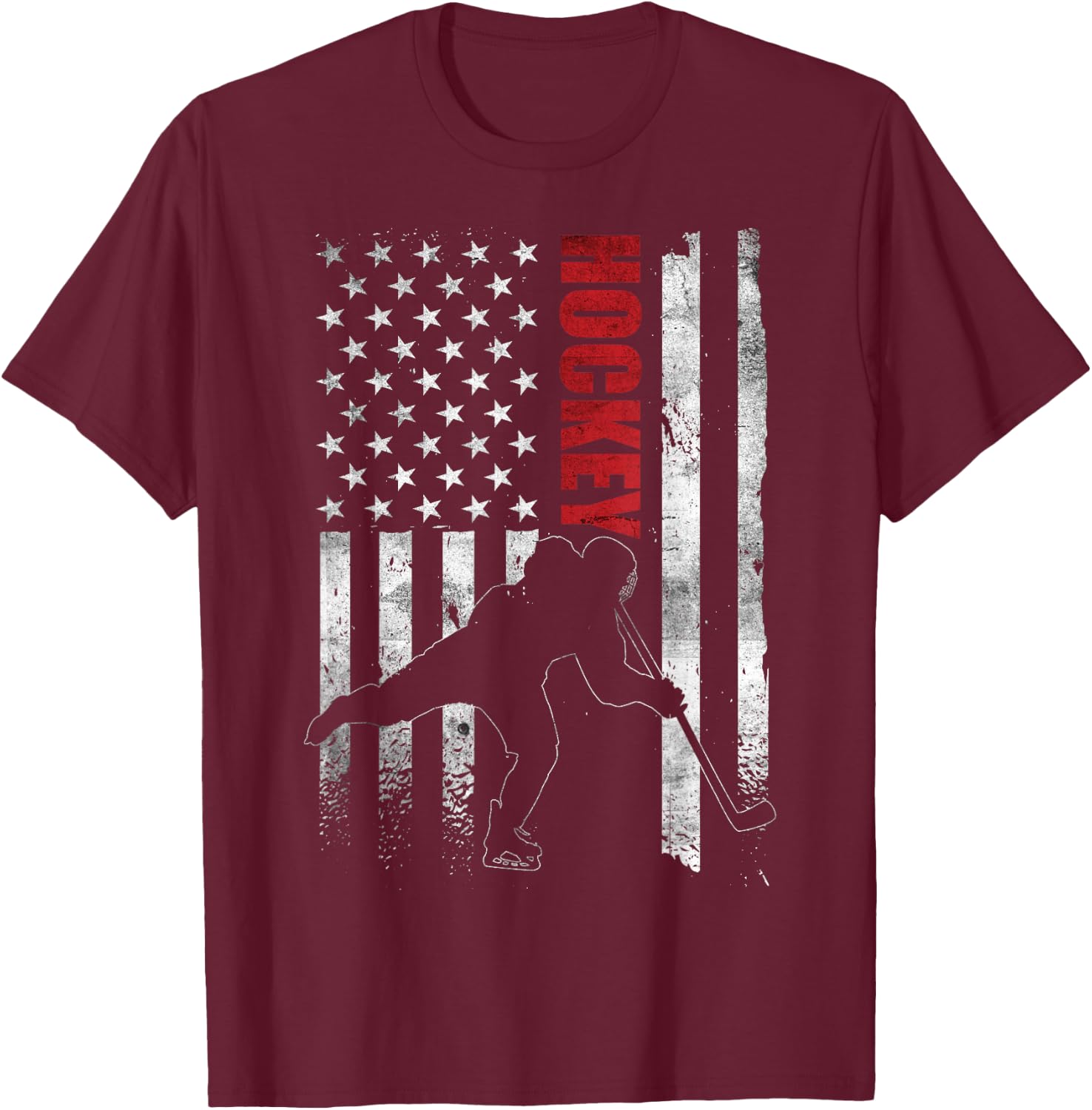 Vintage Ice Hockey American Flag Ice Hockey Player 4th July T-Shirt - T-Shirt | Maroon