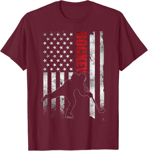 Vintage Ice Hockey American Flag Ice Hockey Player 4th July T-Shirt - T-Shirt | Maroon
