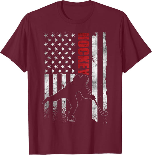 Vintage Ice Hockey American Flag Ice Hockey Player 4th July T-Shirt - T-Shirt | Maroon